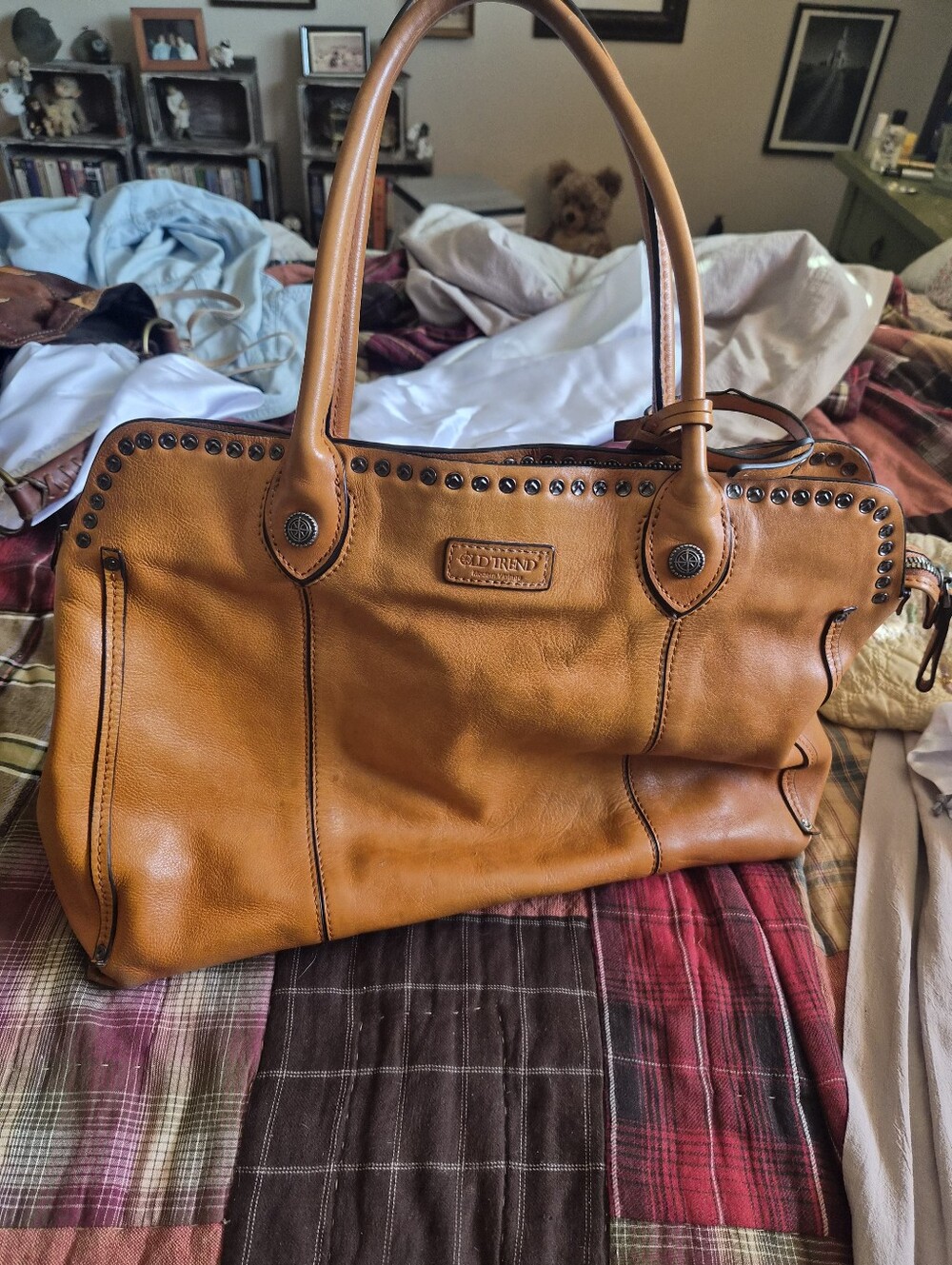 Old Trend Tan Leather Studded Tote Bag